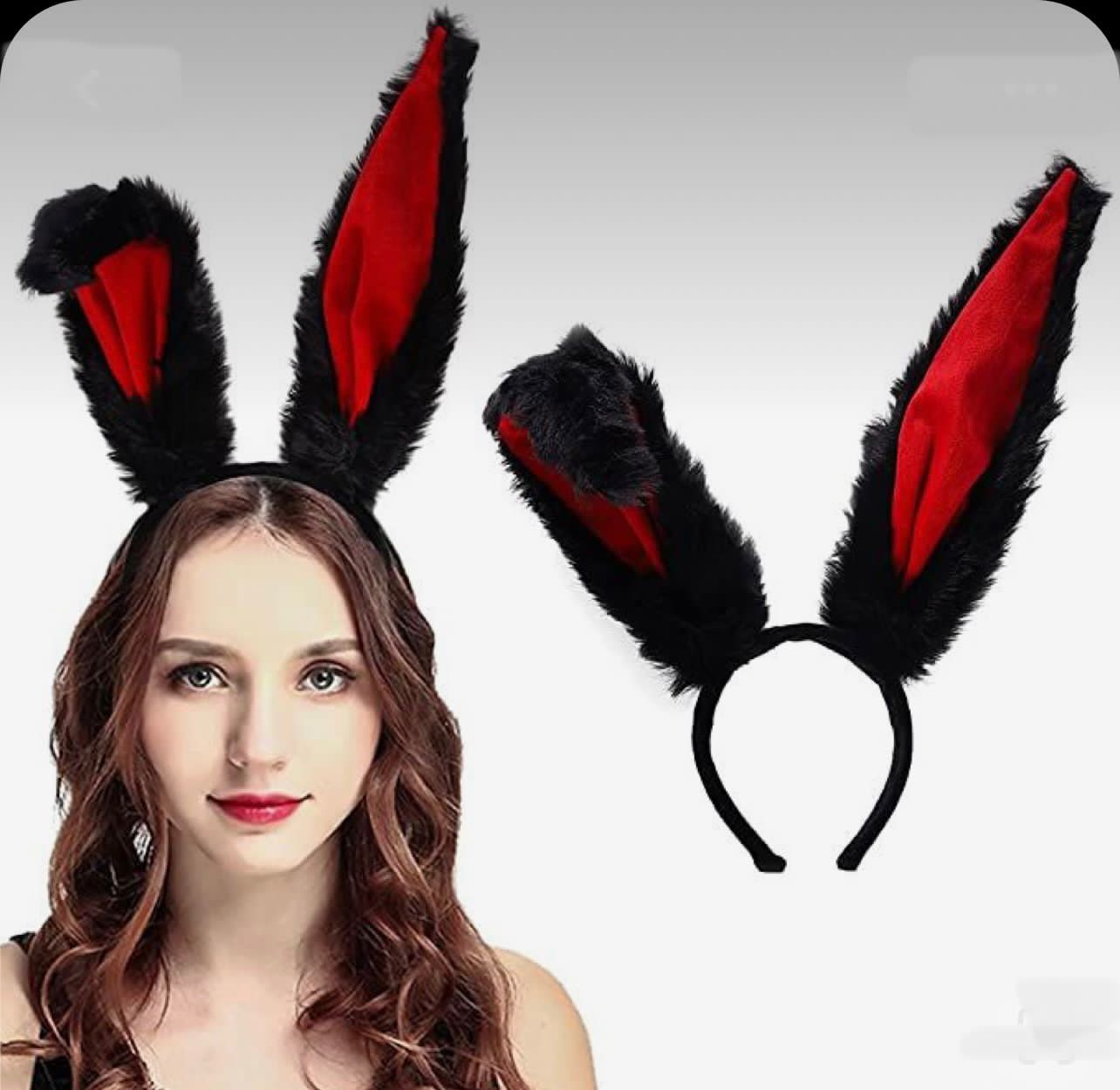 VINCHA OREJAS DE CONEJO SUPER LUJO CON ALAMBRE NEGRO CON ROJO 42 CM x 1